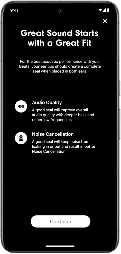 An Android device screen displaying the Ear Tip Fit Test.