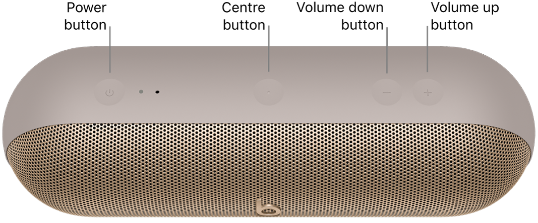 Image of Beats Pill speaker showing the location, from left to right, of the power, centre, volume down and volume up buttons on the top of the speaker.