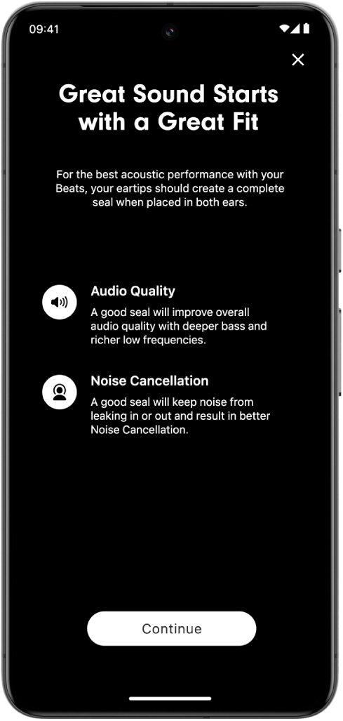 An Android device screen displaying the Ear Tip Fit Test.