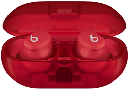 Beats Solo Buds and charging case in Transparent Red.