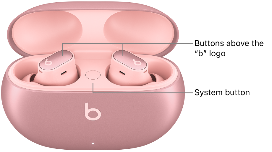 Image of Beats Studio Buds + showing the location of the buttons above the “b” logo on the earbuds and location of the system button inside the charging case.