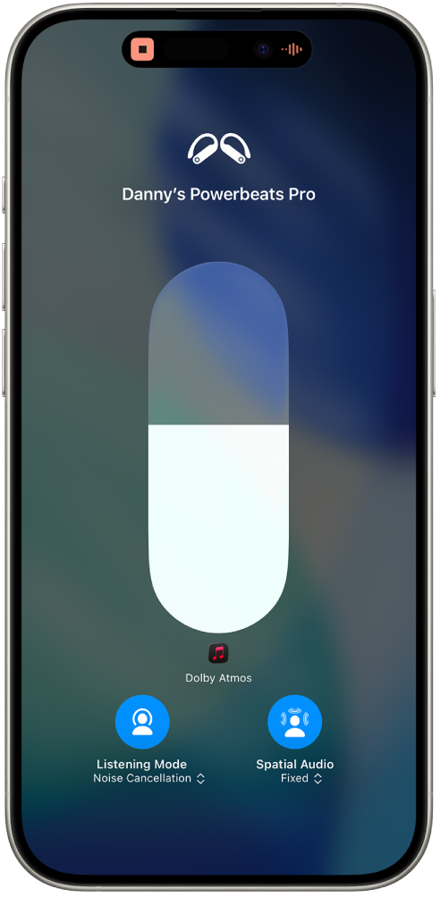 The volume screen in Control Center showing the volume level for Powerbeats Pro 2. Below the volume indicator on the left is the Listening Mode icon, showing that Noise Cancellation is on. On the right is the Spatial Audio icon, showing that Spatial Audio and Fixed head tracking are on.