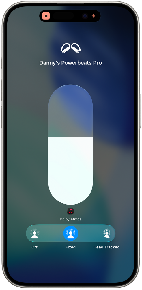The volume screen in Control Center showing the volume level for Powerbeats Pro 2. Below the volume indicator, the Spatial Audio options are shown. The options are Off, Fixed, and Head Tracked.
