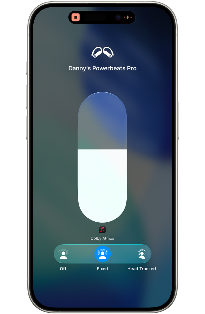 The volume screen in Control Center showing the volume level for Beats&nbsp;Fit&nbsp;Pro and options for Spatial Audio.
