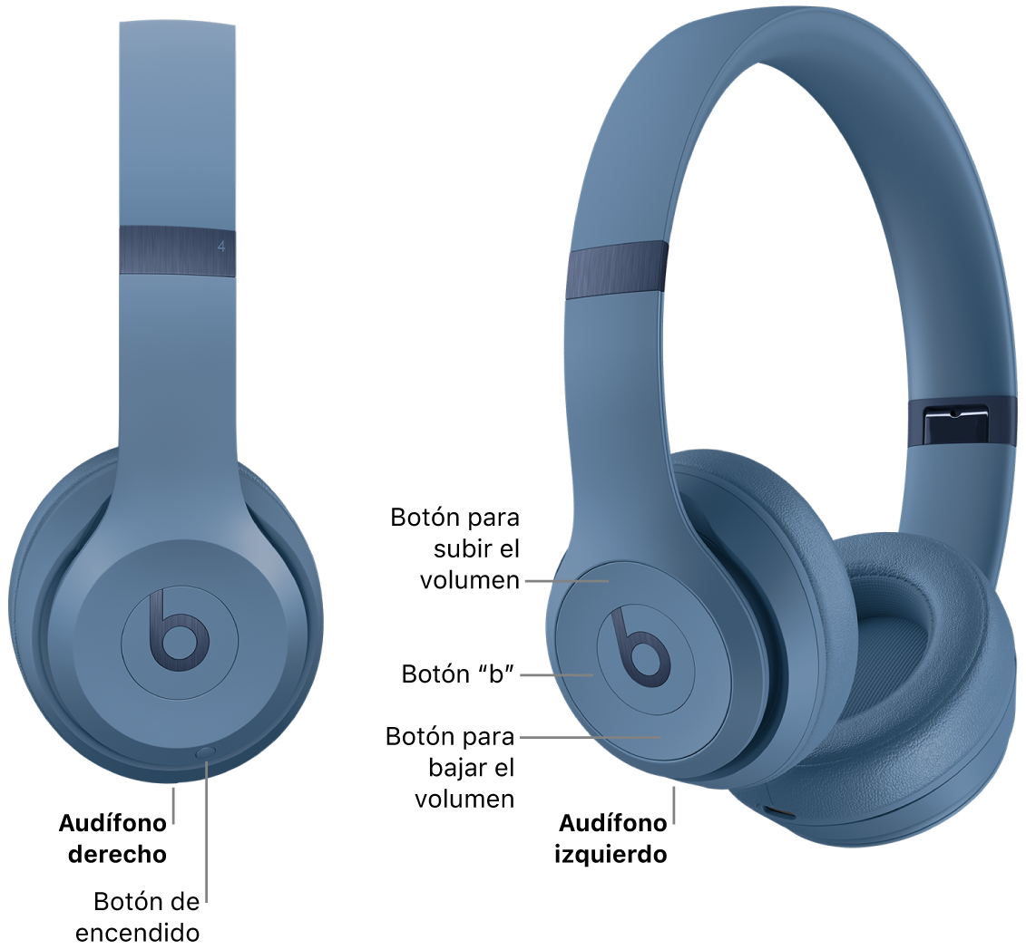 Imagen de los Beats Solo 4 mostrando la ubicación del botón de encendido en el audífono derecho, y la ubicación del botón “b” y los botones para subir y bajar el volumen en el audífono izquierdo.