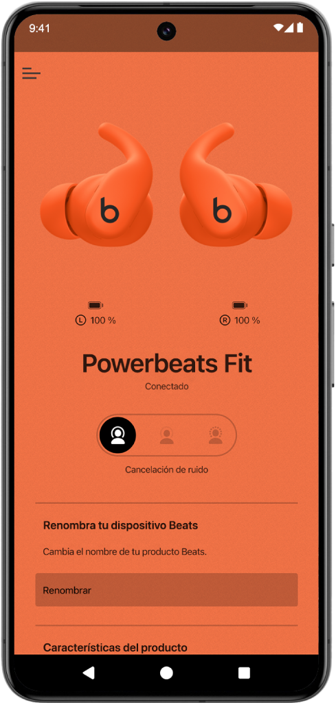 La pantalla del dispositivo de la app Beats con unos Powerbeats Fit conectados.