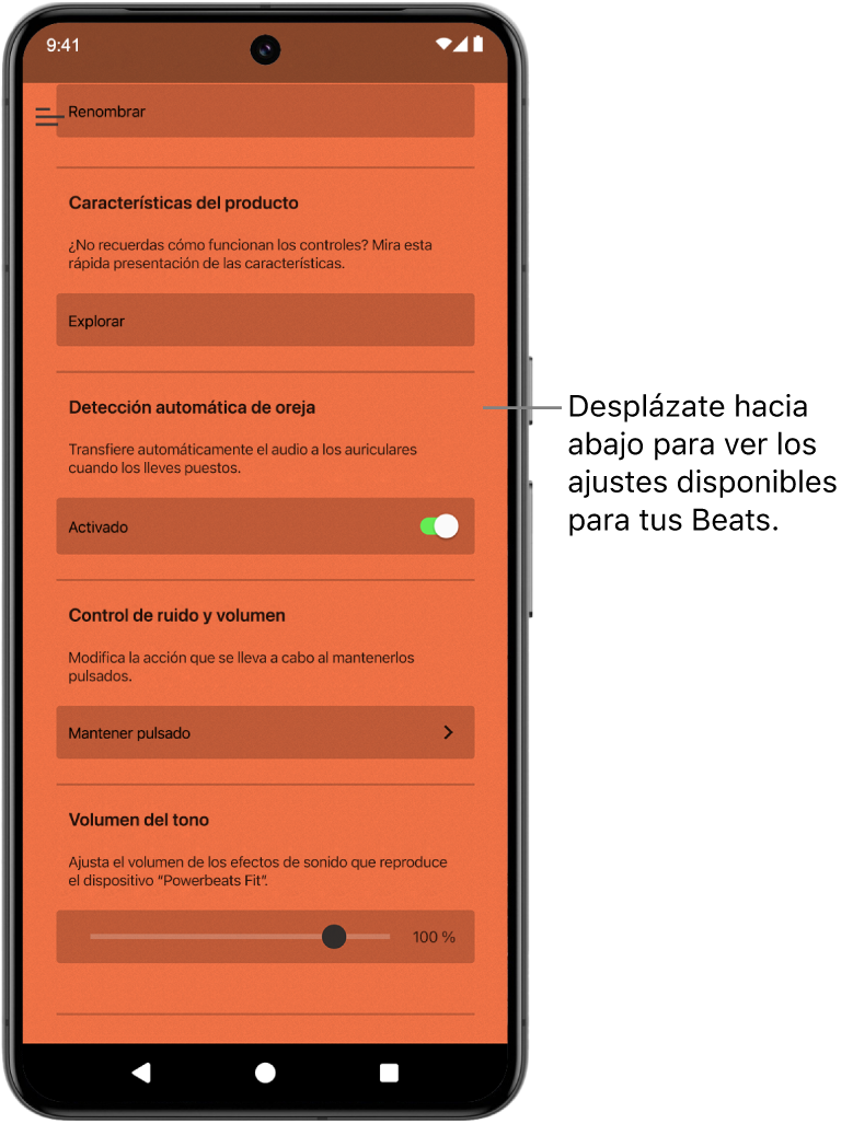 La pantalla del dispositivo de la app Beats con los ajustes disponibles para los auriculares Powerbeats Fit conectados.