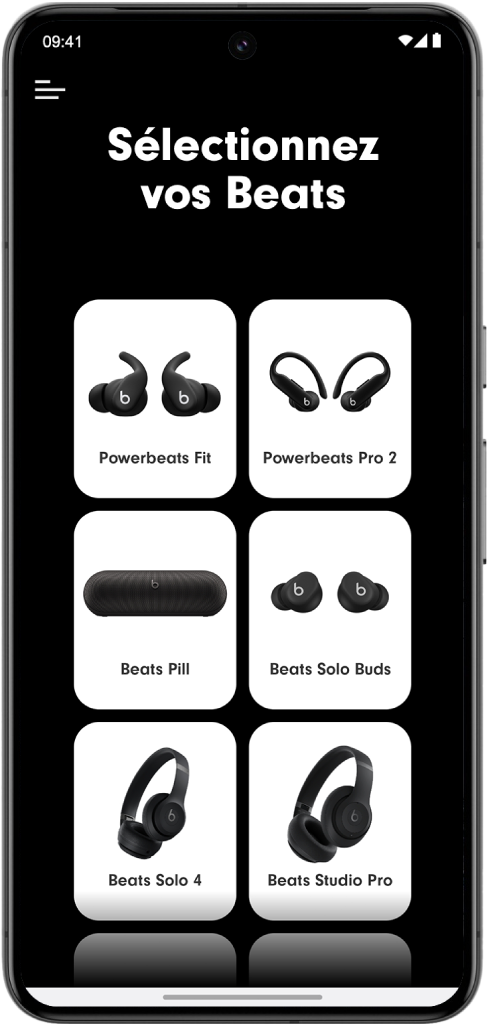 L’écran « Sélectionnez votre produit Beats » de l’app Beats affiche les appareils Beats compatibles.