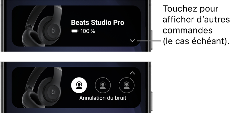 La première image montre le widget de l’app Beats affichant le casque Beats Studio Pro connecté et un bouton pour afficher d’autres commandes. La deuxième image montre les commandes d’annulation du bruit dans le widget.