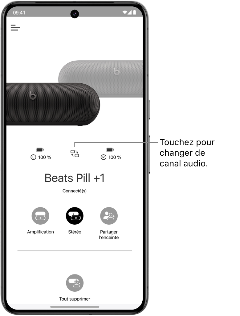 L’écran de l’appareil dans l’app Beats montrant deux haut-parleurs Beats Pill connectés dans un groupe Stéréo, et le bouton pour changer de canal audio.