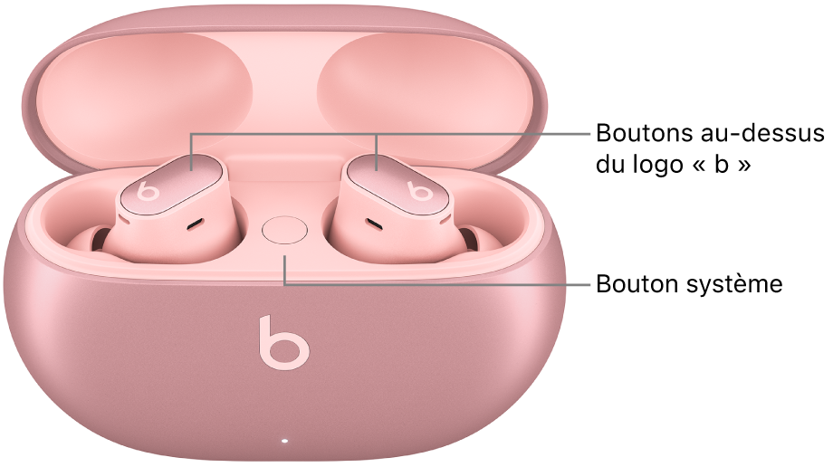 Image des Beats Studio Buds + indiquant l’emplacement du bouton au-dessus du logo « b » sur les écouteurs, ainsi que l’emplacement du bouton système à l’intérieur du boîtier de charge.