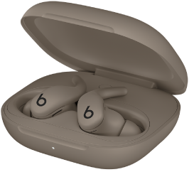 Écouteurs Powerbeats Fit et boîtier de charge en gris gravier.