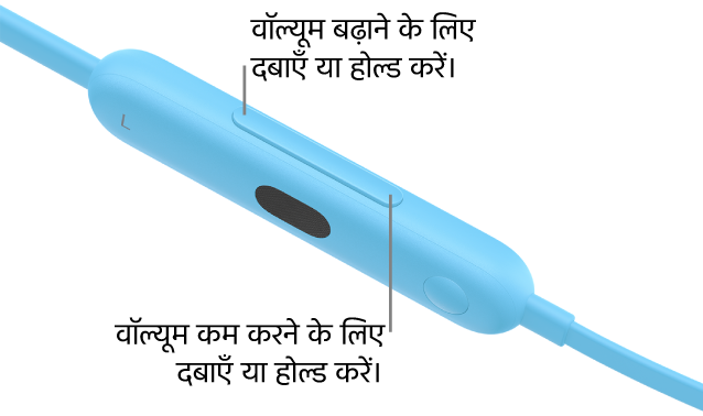 वॉल्यूम बटन दिखाते हुए Beats Flex बाएँ कंट्रोल मॉड्यूल की इमेज।