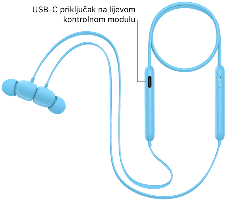 USB-C priključak za punjenje pri dnu lijevog kontrolnog modula za Beats Flex.