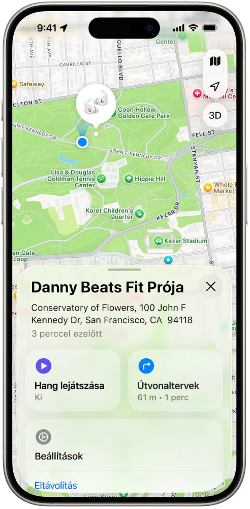 A Lokátor app képernyője az iPhone‑on a Beats Fit Pro helyével San Francisco térképén.