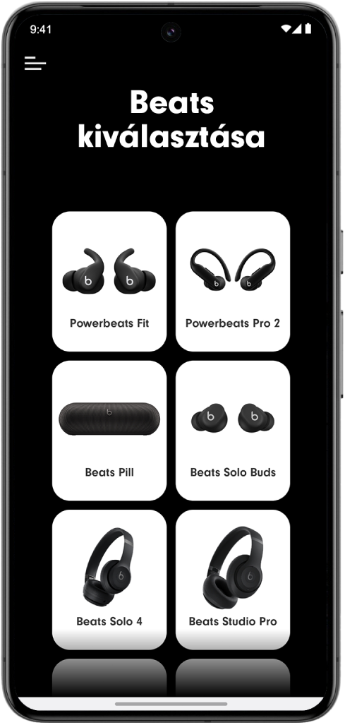 A Beats app Beats kiválasztása képernyője a támogatott Beats‑eszközökkel.