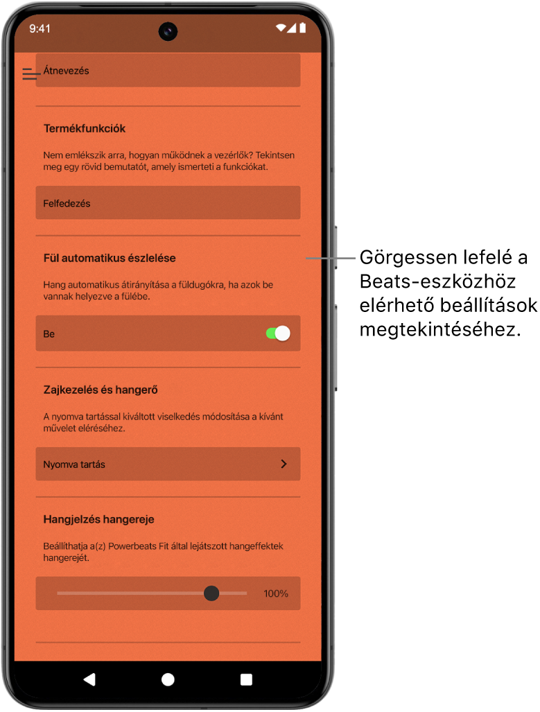 A Beats app eszközképernyője a csatlakoztatott Powerbeats Fit fülhallgatóhoz elérhető beállításokkal.