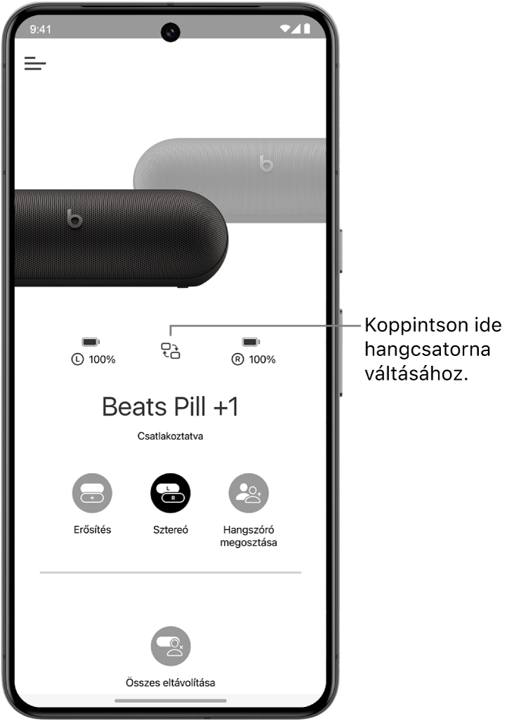 A Beats app eszközképernyője két csatlakoztatott Beats Pill hangszóróval egy Sztereó csoportban, valamint a hangcsatornák módosítására szolgáló gombbal.