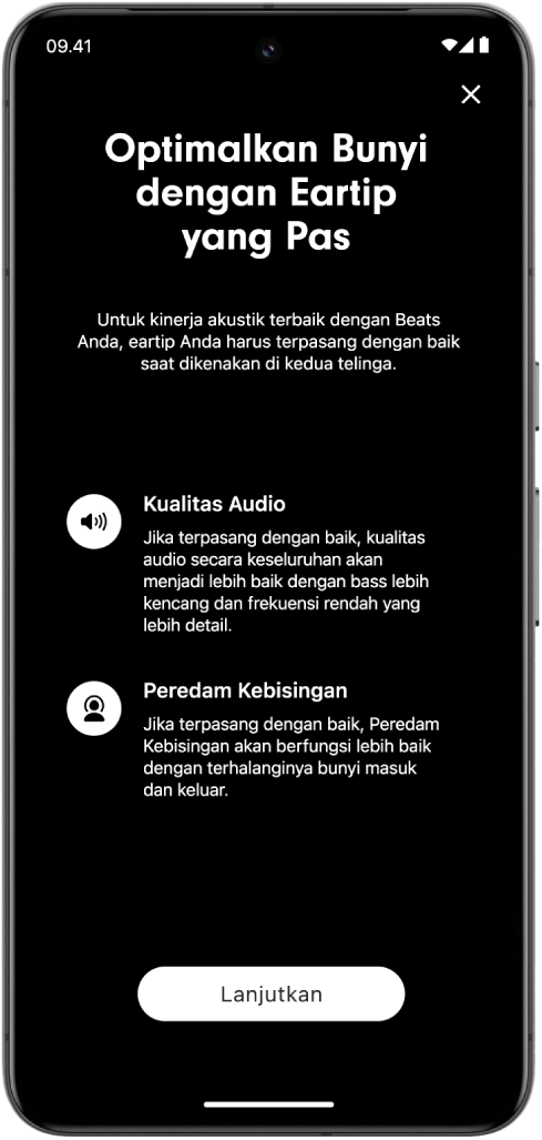 Layar perangkat Android yang menampilkan Tes Ukuran Eartip.