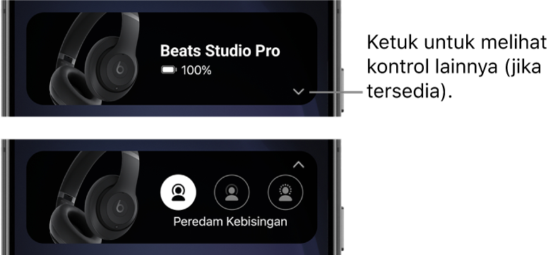 Gambar pertama menampilkan widget app Beats yang menampilkan headphone Beats Studio Pro yang terhubung dan tombol untuk menampilkan kontrol lainnya; gambar kedua menampilkan kontrol Peredam Kebisingan di widget.