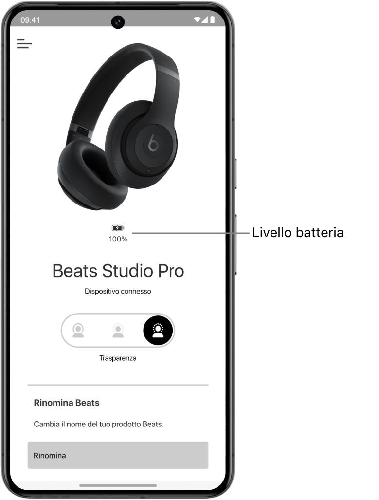 Schermata del dispositivo dell’app Beats che mostra il livello di batteria delle cuffie Beats Solo 4 connesse.