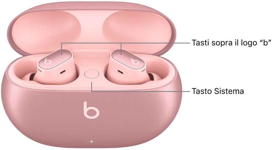Immagine dei Beats Studio Buds + che mostra la posizione dei tasti sopra il logo “b” sugli auricolari e la posizione del tasto Sistema all’interno della custodia di ricarica.