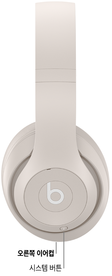 오른쪽 이어컵에 있는 Beats Studio Pro의 시스템 버튼.