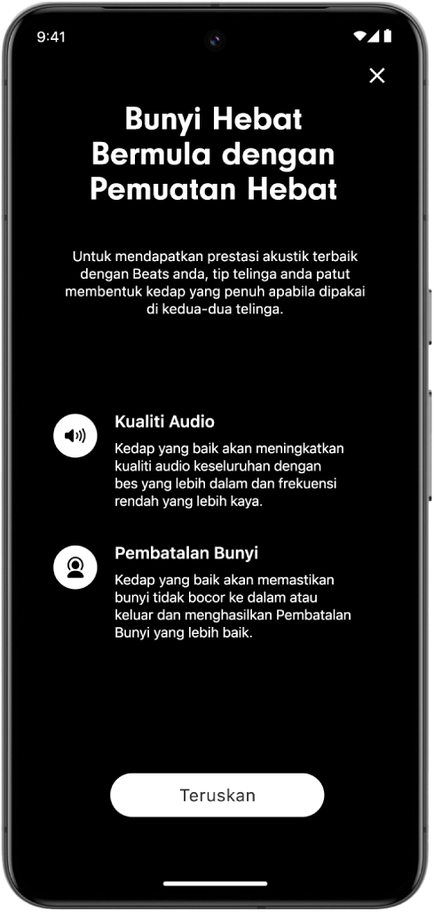 Skrin peranti Android memaparkan Ujian Pemuatan Tip Telinga.