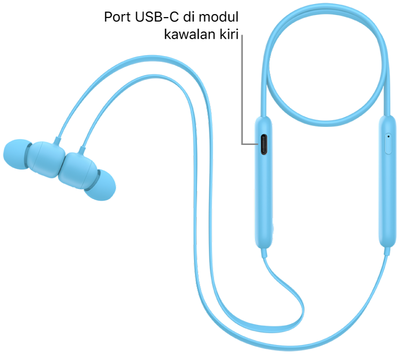 Port pengecasan USB-C di bahagian bawah modul kawalan kiri Beats Flex.