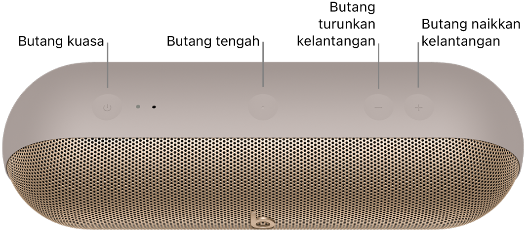 Imej speaker Beats Pill menunjukkan lokasi, dari kiri ke kanan, butang kuasa, tengah, turunkan kelantangan dan naikkan kelantangan di bahagian atas speaker.