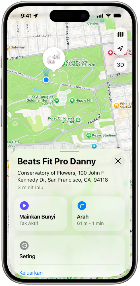 Skrin app Cari pada iPhone menunjukkan lokasi Beats Fit Pro pada peta San Francisco.