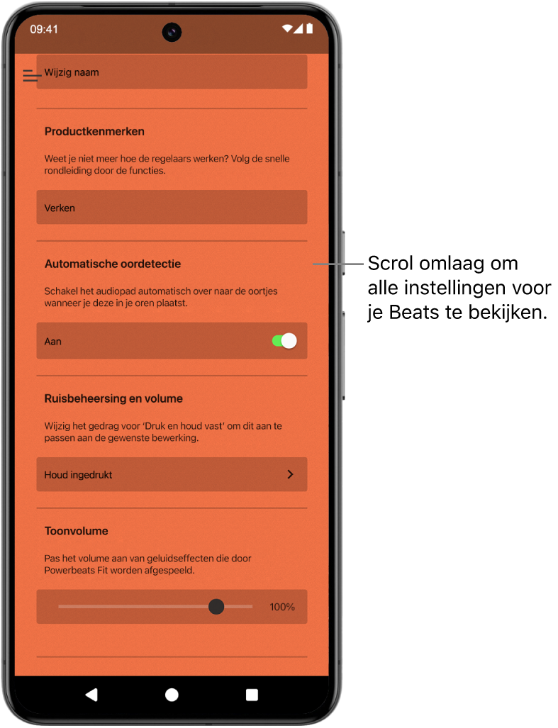 Het apparaatscherm van de Beats-app, met alle instellingen voor de verbonden Powerbeats Fit-oortjes.