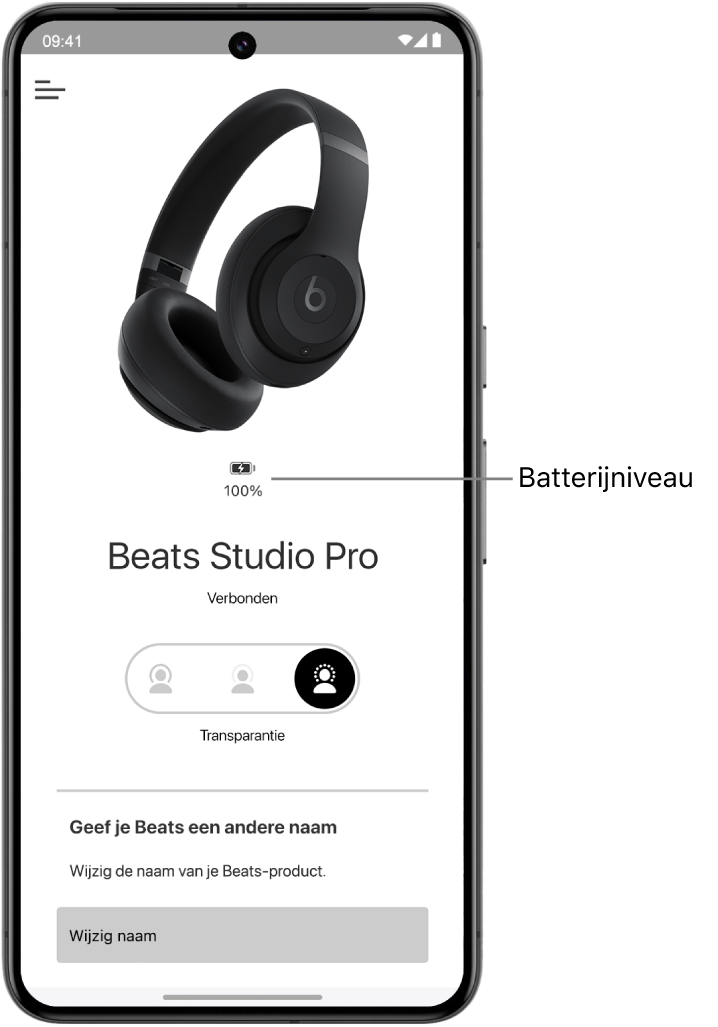 Het apparaatscherm van de Beats-app waarin het batterijniveau van een verbonden Beats Solo 4-koptelefoon te zien is.