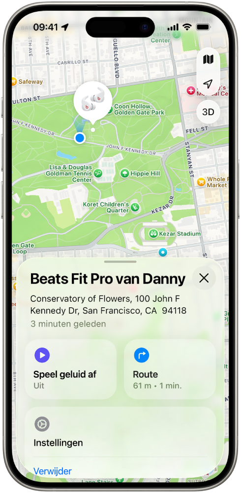 Het scherm van de Zoek mijn-app op de iPhone, met de locatie van de Beats Fit Pro op een kaart van San Francisco.