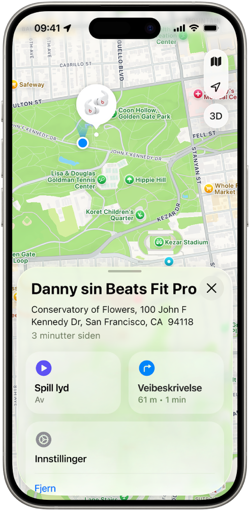 Posisjonen til Beats Fit Pro vises på et kart over San Francisco i Hvor er-appen på iPhone.