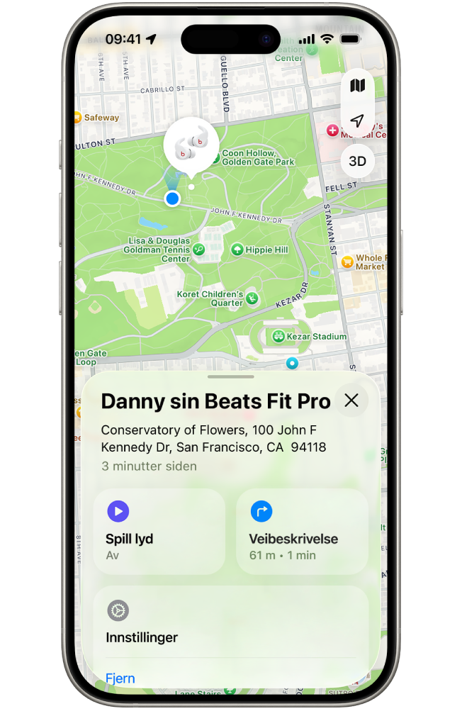 Posisjonen til Beats Fit Pro vises på et kart over San Francisco i Hvor er-appen på iPhone.