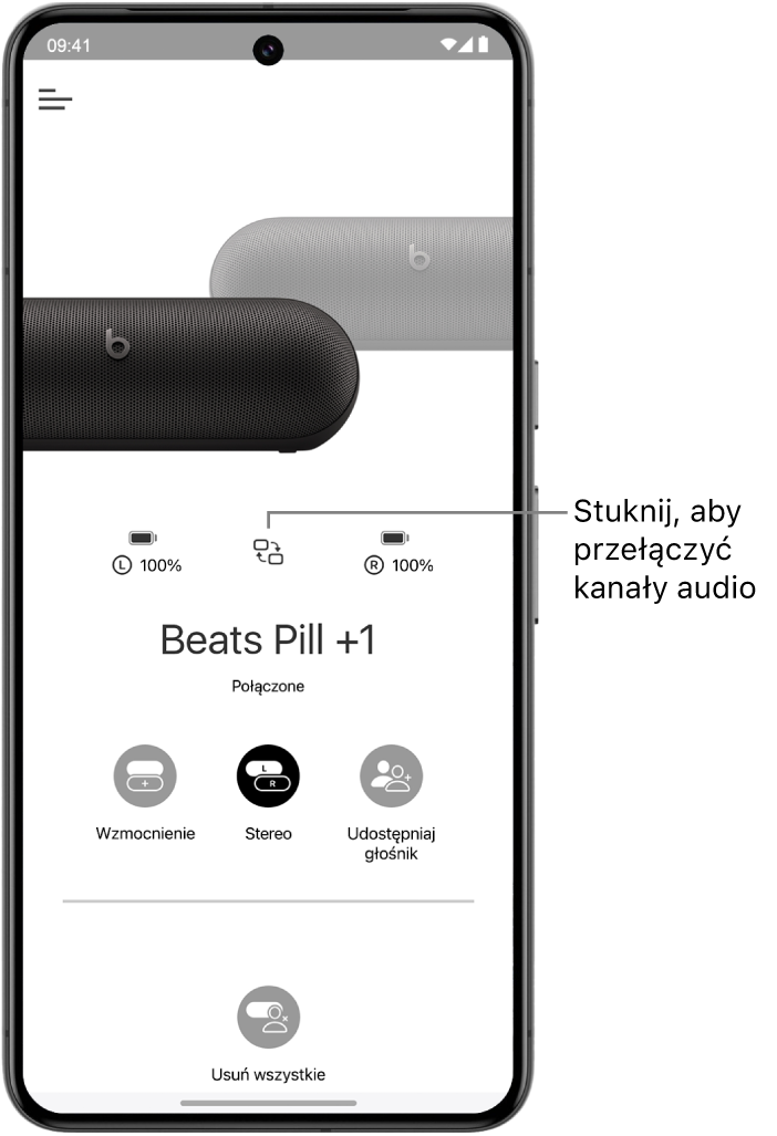 Ekran urządzenia w aplikacji Beats wyświetlający dwa połączone głośniki Beats Pill tworzące grupę stereo. Widoczny jest przycisk umożliwiający zmianę kanałów audio.