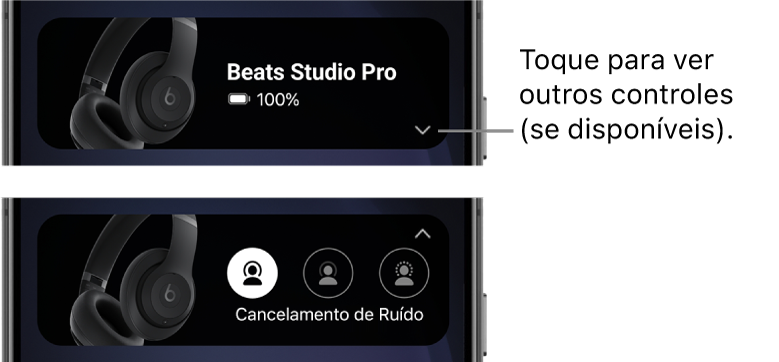 A primeira imagem mostra o widget do app Beats exibindo os fones de ouvido Beats Studio Pro conectados e um botão para mostrar outros controles; a segunda imagem mostra os controle de Cancelamento de ruído no widget.
