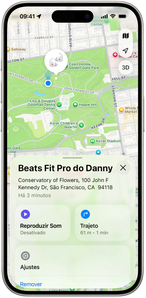 A tela do app Buscar no iPhone mostrando a localização dos Beats Fit Pro em um mapa de São Francisco.