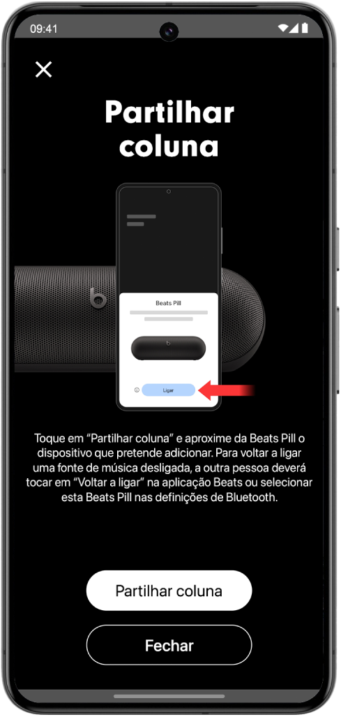 O ecrã “Partilhar coluna” na aplicação Beats apresenta os botões “Partilhar coluna” e “Fechar”.