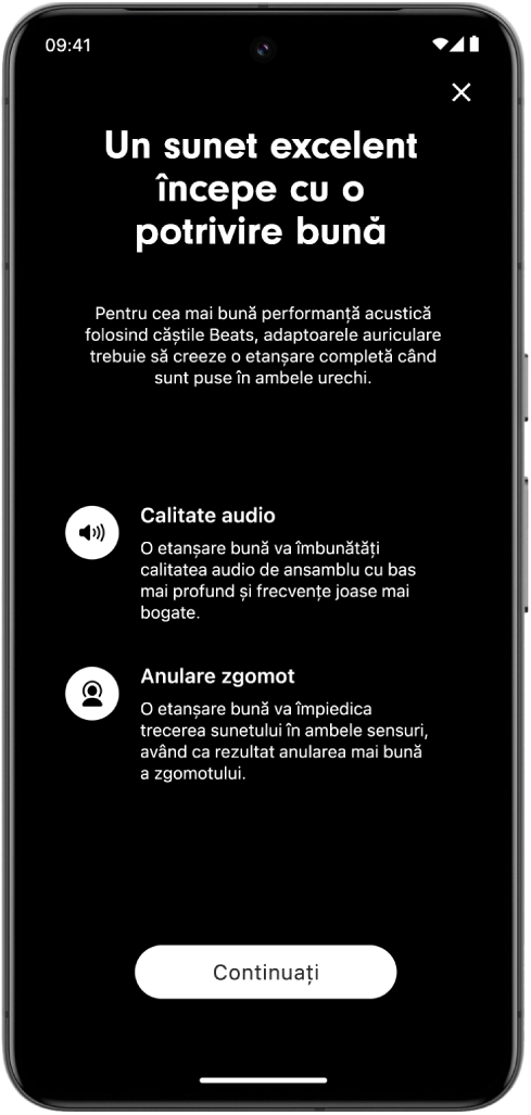 Ecranul unui dispozitiv Android afișând testul de potrivire a adaptoarelor auriculare.