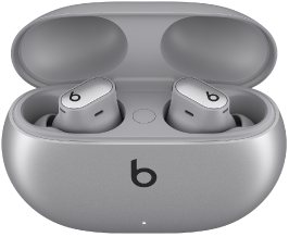 Beats Studio Buds + și caseta de încărcare de culoarea Cosmic Silver.
