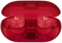 Наушники Beats Solo Buds и зарядный футляр цвета «прозрачный красный».