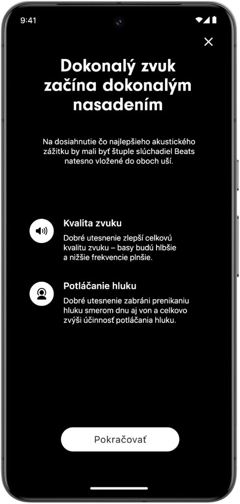 Obrazovka zariadenia s Androidom zobrazujúca test správneho nasadenia koncoviek.