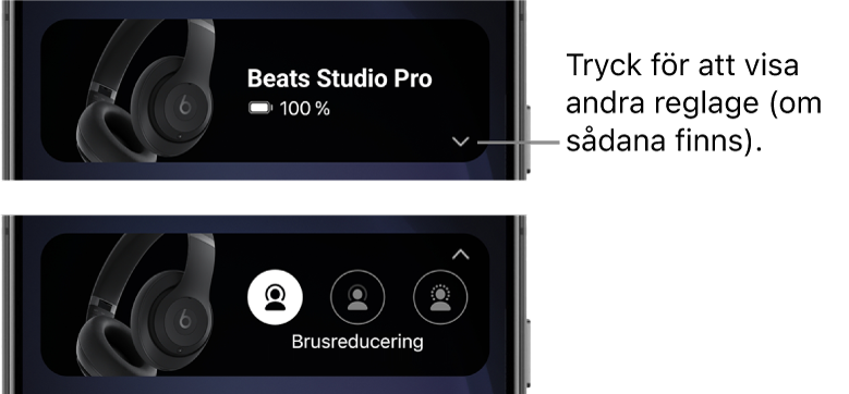 Första bilden visar Beats-appwidgeten med anslutna Beats Studio Pro-hörlurar och en knapp för att visa andra reglage. Den andra bilden visar brusreduceringsreglagen i widgeten.
