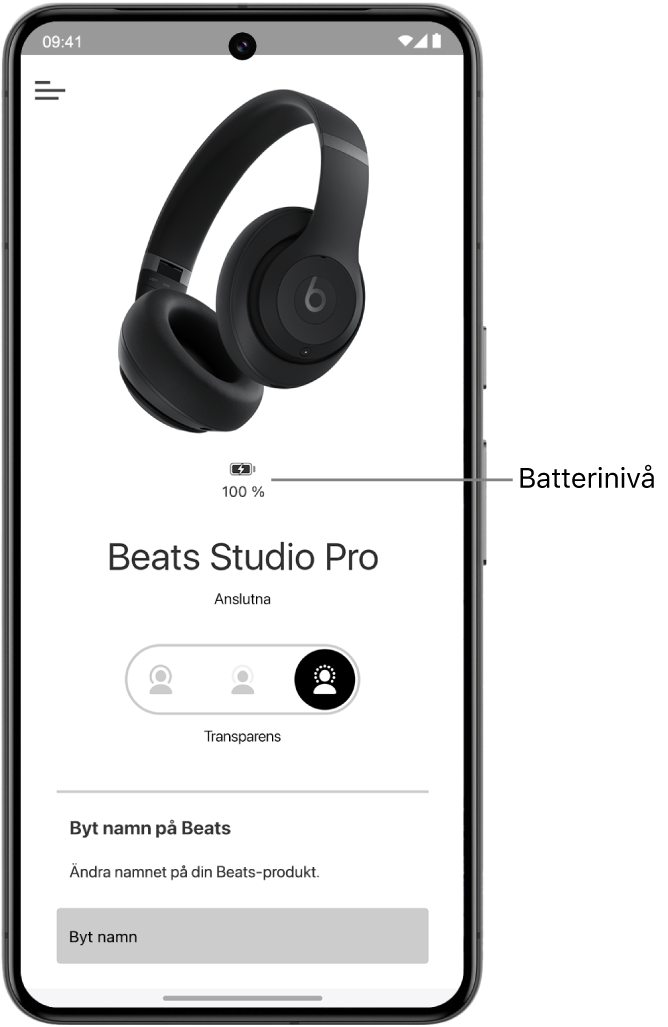 Enhetsskärmen i Beats-appen visar batterinivån för anslutna Beats Solo 4-hörlurar.