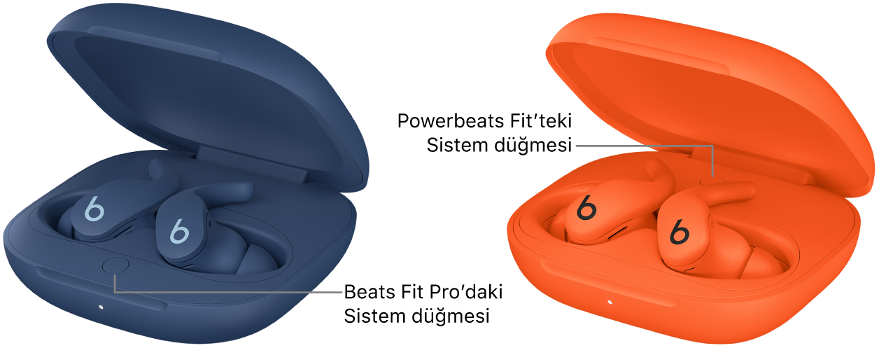 Beats Fit Pro ve Powerbeats Fit kulaklıklarında şarj kutusunun içinde bulunan sistem düğmesi.