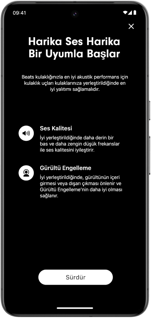Kulaklık Ucu Uyum Testi’ni gösteren bir Android aygıt ekranı.