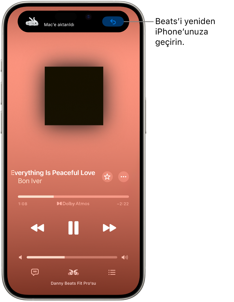 En üstte “Mac’e taşındı” yazan bir mesaj ve Beats’i iPhone’a geri döndürme düğmesi ile iPhone’da bir Apple Music ekranı.