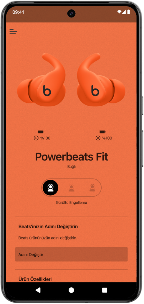 Beats uygulaması aygıt ekranında bağlı Powerbeats Fit kulak içi kulaklıkları gösteriliyor.